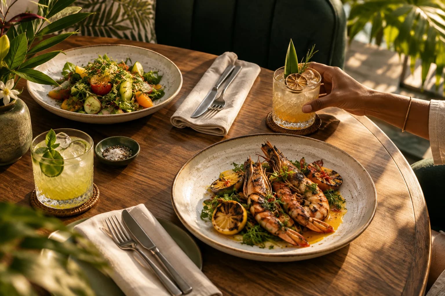 A welcoming restaurant table with fresh island dishes and citrus drinks