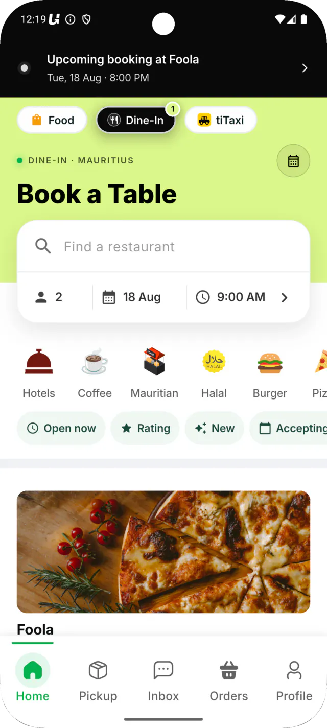 UpDash mobile app showing Dine-In restaurant discovery and an upcoming table booking